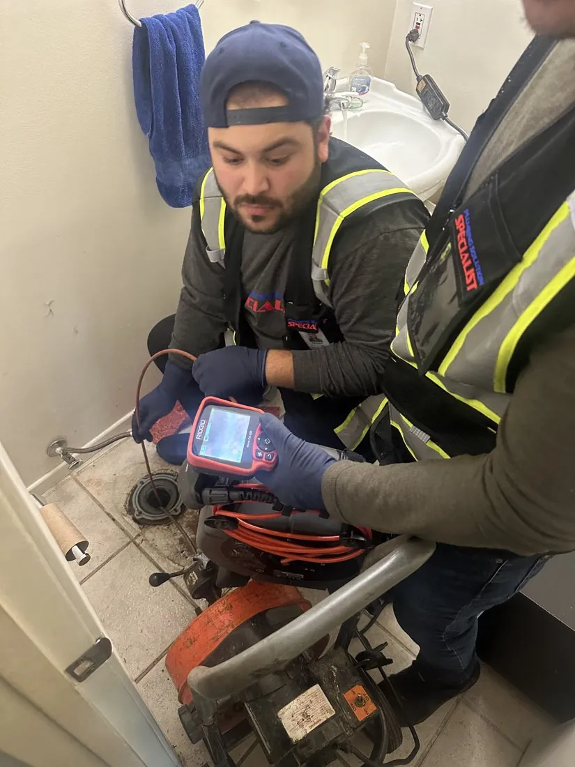 Technician reviewing a drain inspection monitor