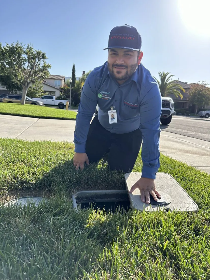 Plumbing technician beside an open outdoor utility box